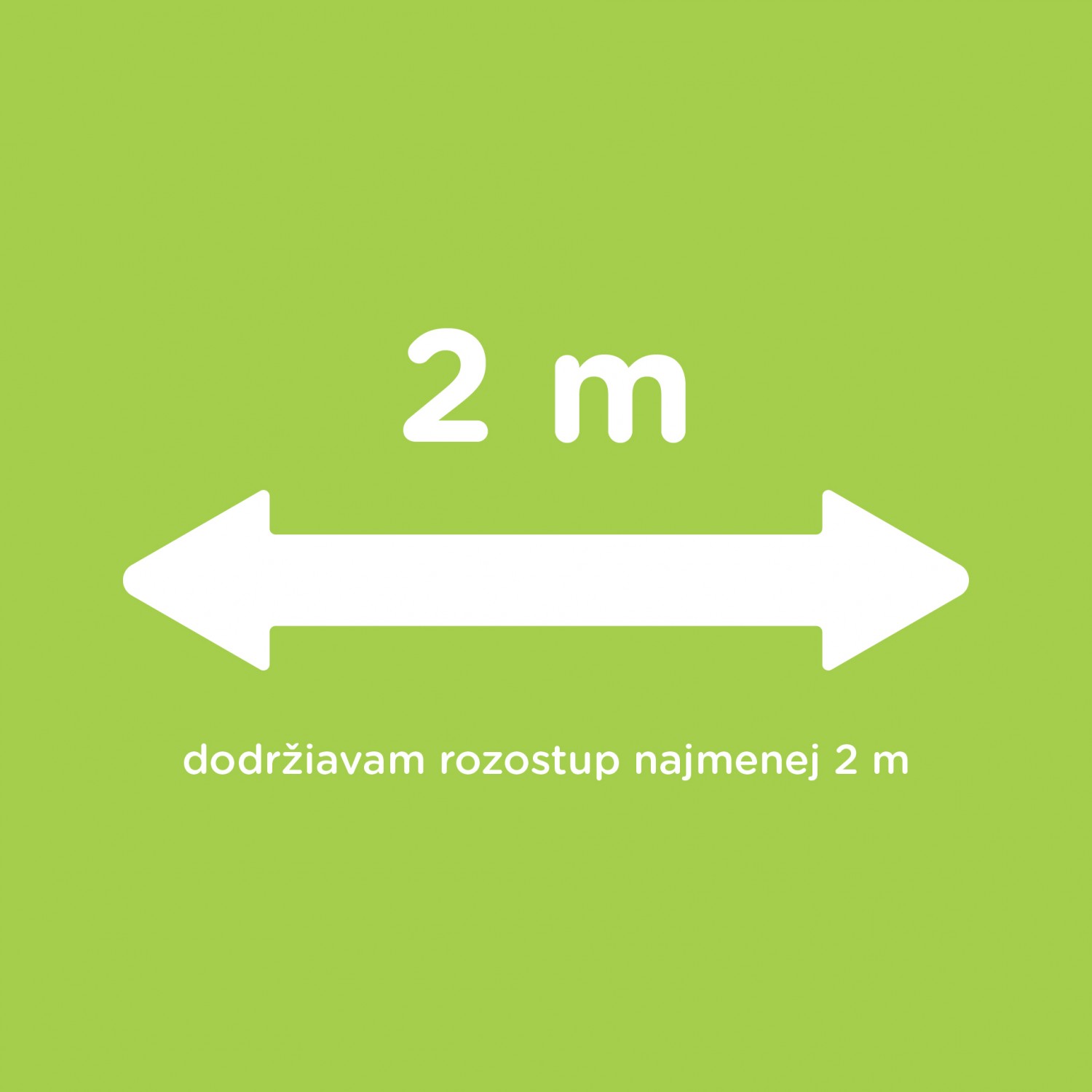 Znázornenie dvojmetrových rozostupov na zelenom pozadí a sprosbou o dodržiavanie rozostupu.